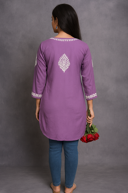 Lucknowi Chikankari Mauve 'Jamuni' Modal Short Kurti-T000053