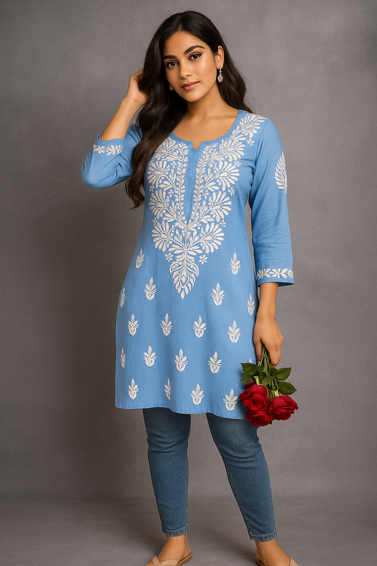 Lucknowi Chikankari Blue 'Aab-e-Asmaan' Modal Short Kurti-T000054