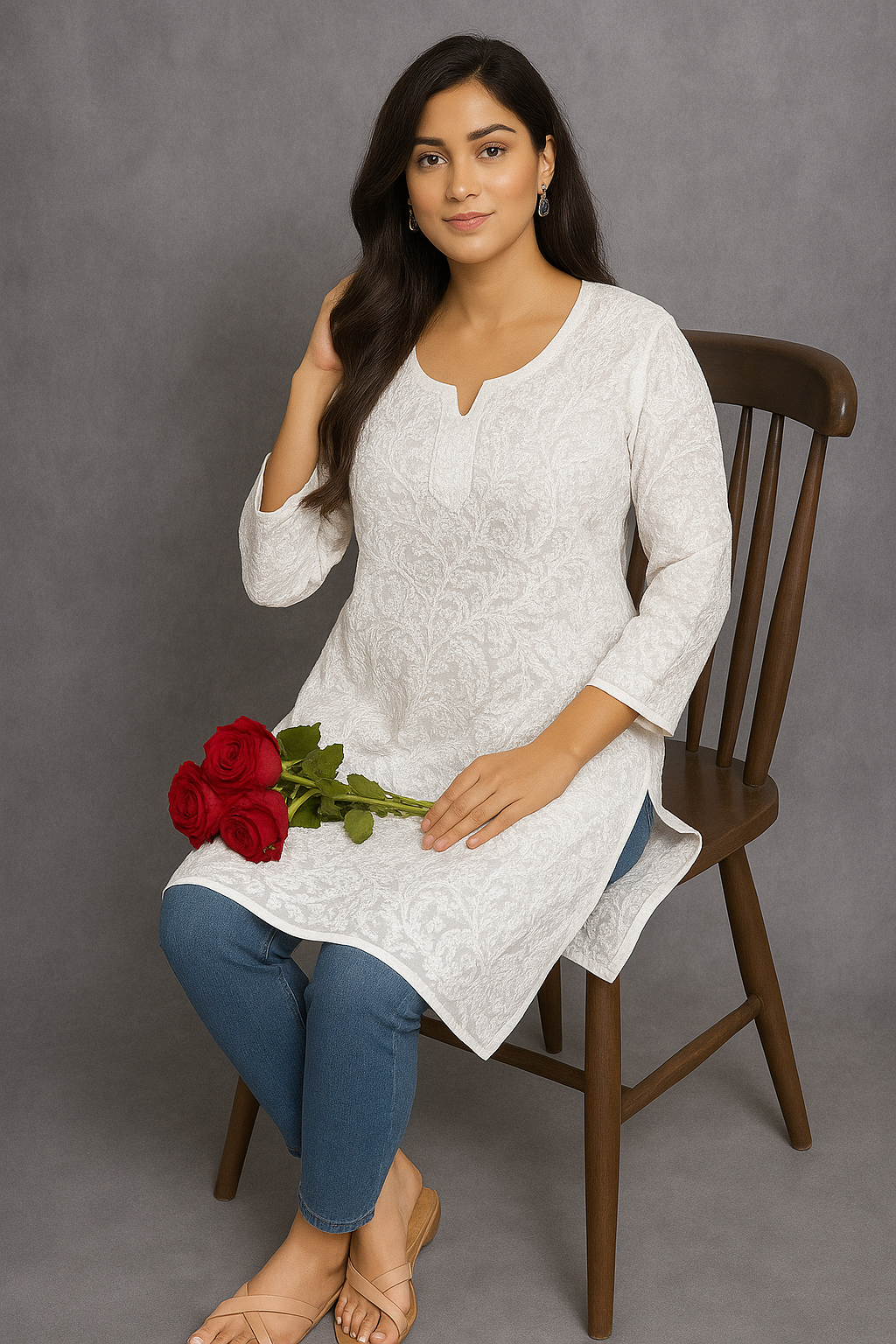 Lucknowi Chikankari White 'Ujaala' Cotton Short Kurti-T000057