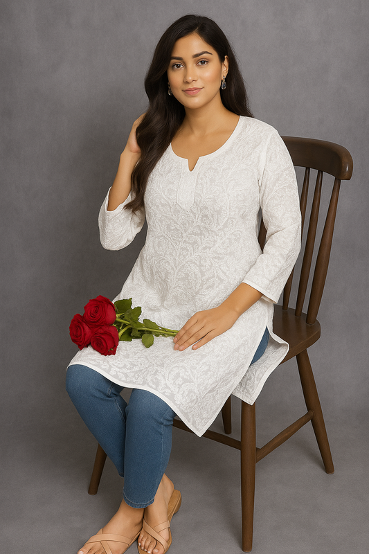 Lucknowi Chikankari White 'Ujaala' Cotton Short Kurti-T000057