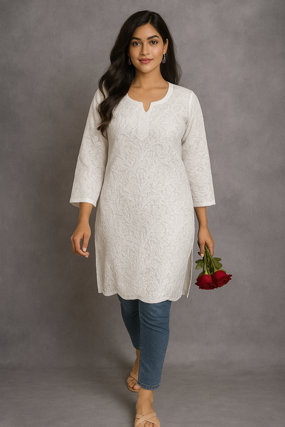 Lucknowi Chikankari White 'Ujaala' Cotton Short Kurti-T000057