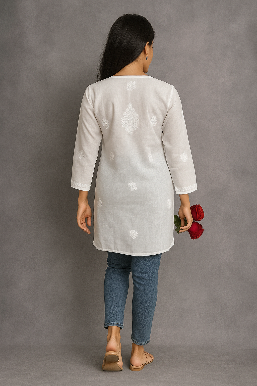 Lucknowi Chikankari White 'Ujaala' Cotton Short Kurti-T000057