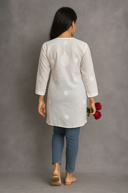 Lucknowi Chikankari White 'Ujaala' Cotton Short Kurti-T000057