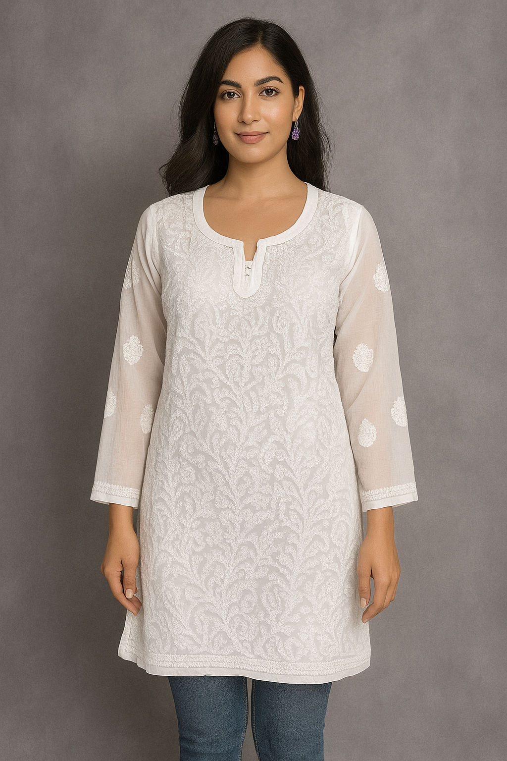 Lucknowi Chikankari White 'Ujaala' Georgette Short Kurti-T000058