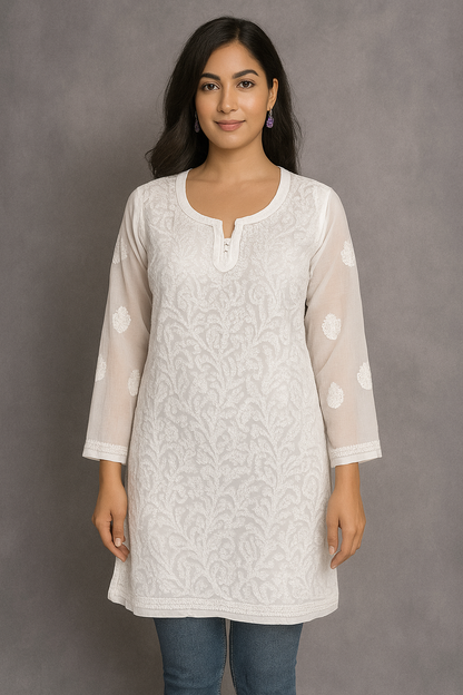 Lucknowi Chikankari White 'Ujaala' Georgette Short Kurti-T000058
