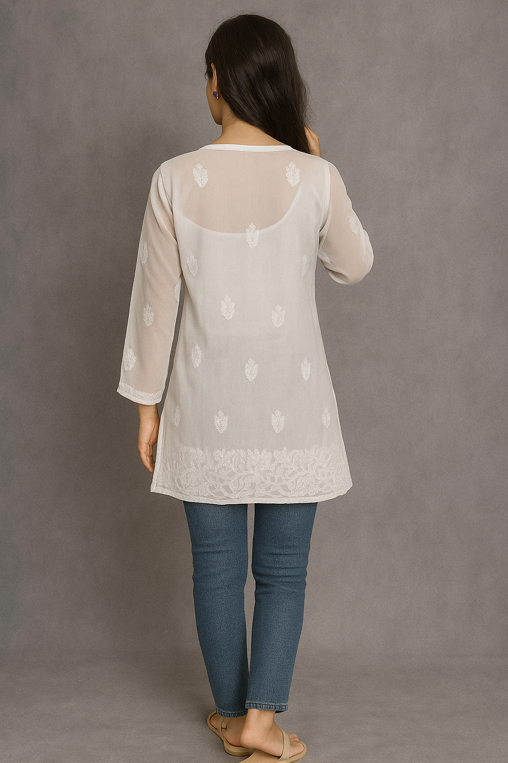 Lucknowi Chikankari White 'Ujaala' Georgette Short Kurti-T000058