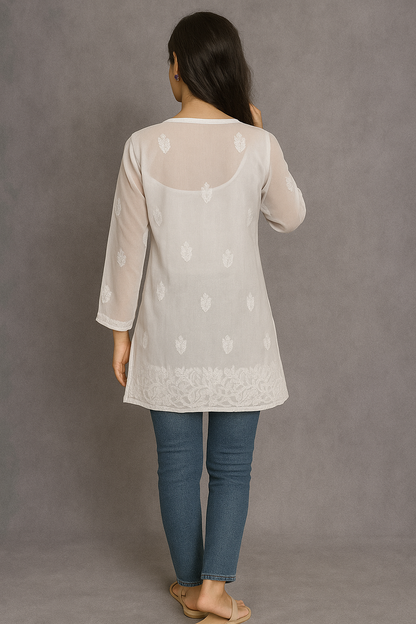 Lucknowi Chikankari White 'Ujaala' Georgette Short Kurti-T000058
