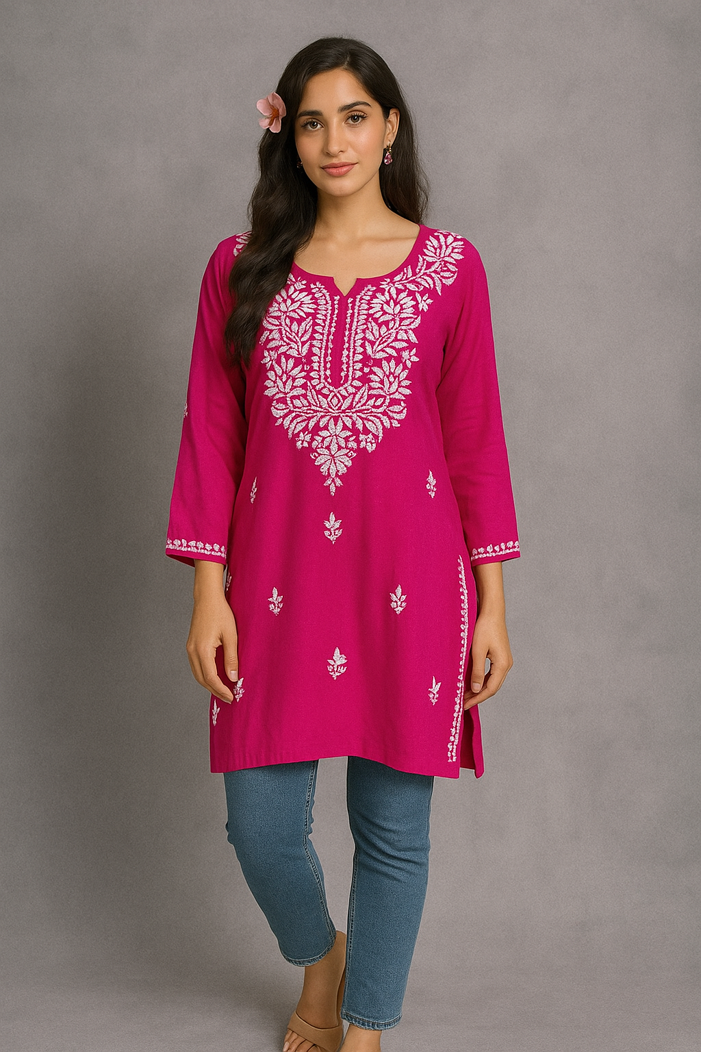 Lucknowi Chikankari Magenta 'Shagufta' Rayon Short Kurti-T000059