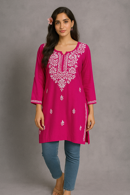 Lucknowi Chikankari Magenta 'Shagufta' Rayon Short Kurti-T000059