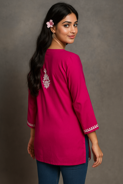 Lucknowi Chikankari Magenta 'Shagufta' Rayon Short Kurti-T000059