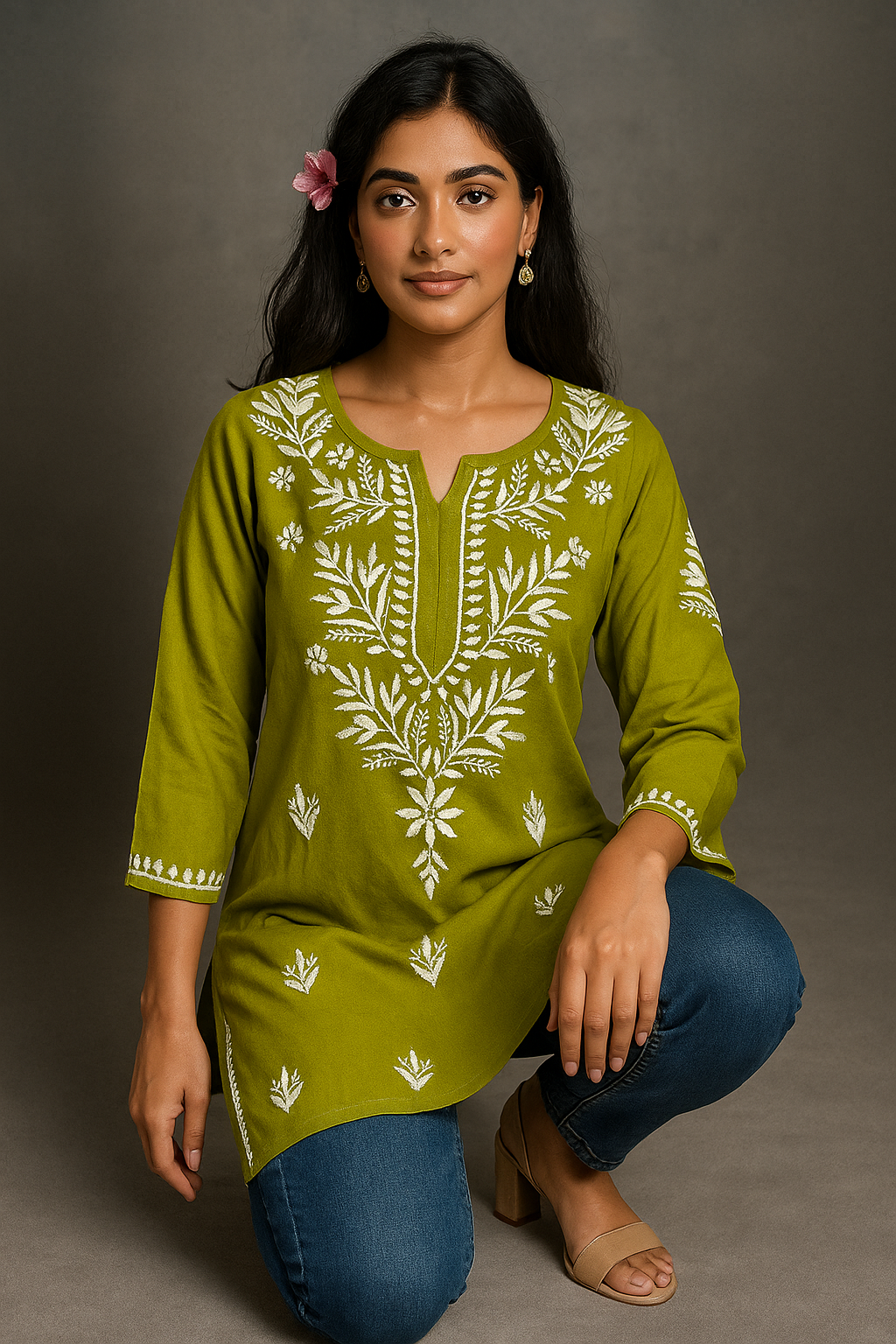 Lucknowi Chikankari Green 'Bahar' Rayon Short Kurti-T000060