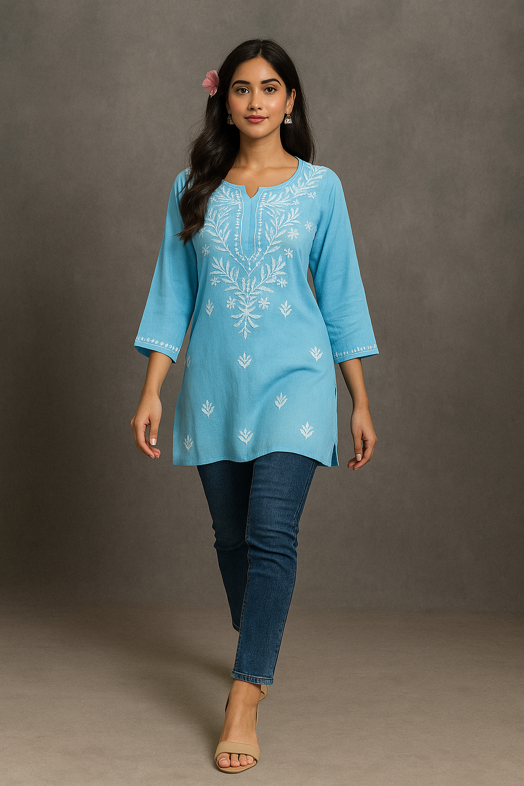 Lucknowi Chikankari Blue 'Aab-e-Asmaan' Rayon Short Kurti-T000061