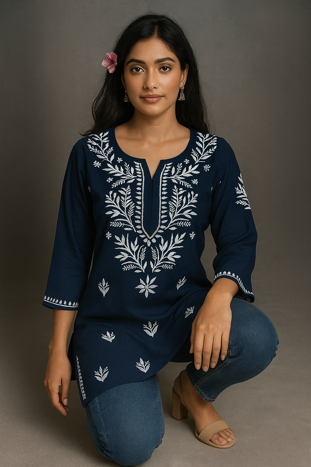 Lucknowi Chikankari Navy Blue 'Aab-e-Asmaan' Rayon Short Kurti-T000062