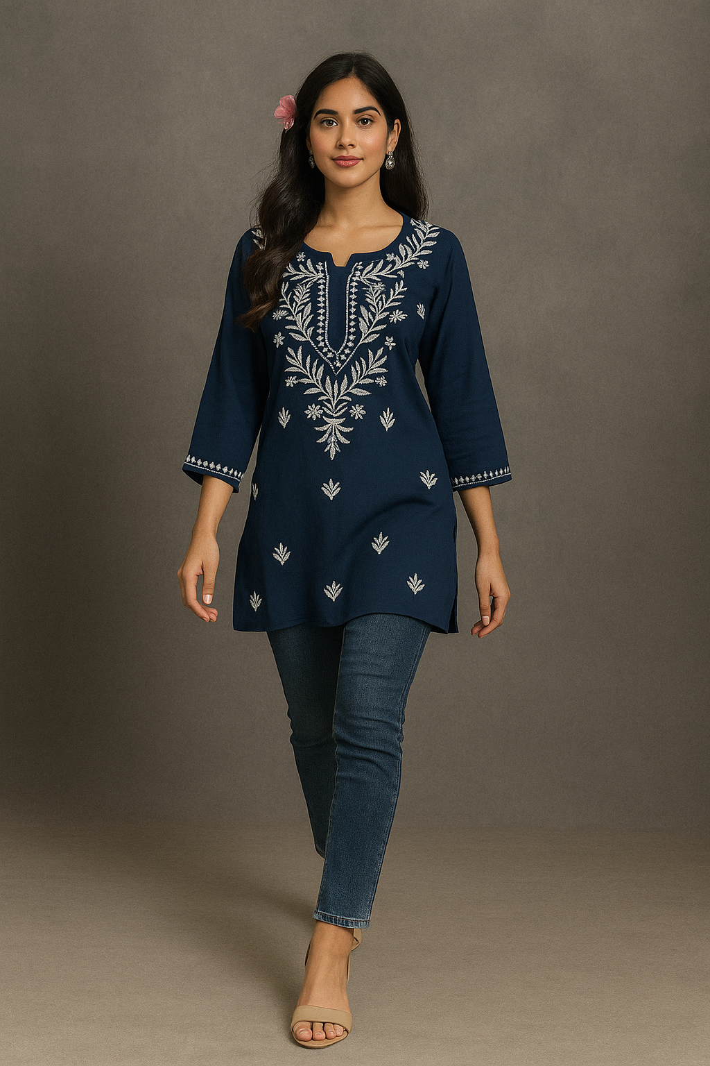Lucknowi Chikankari Navy Blue 'Aab-e-Asmaan' Rayon Short Kurti-T000062