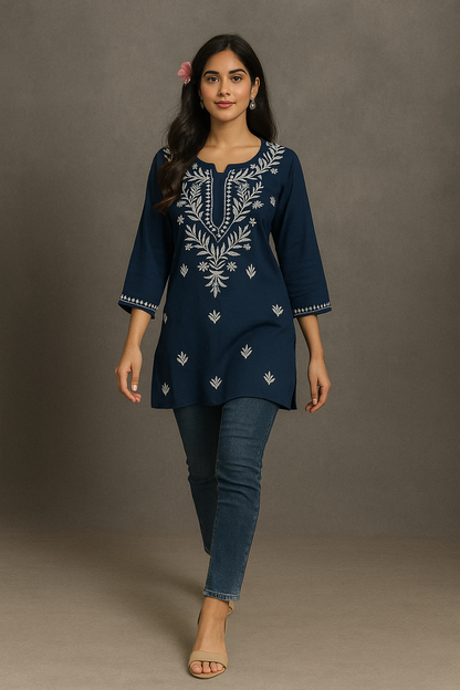 Lucknowi Chikankari Navy Blue 'Aab-e-Asmaan' Rayon Short Kurti-T000062