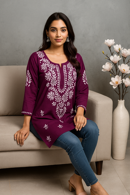 Lucknowi Chikankari Wine 'Jamuni' Rayon Short Kurti-T000065