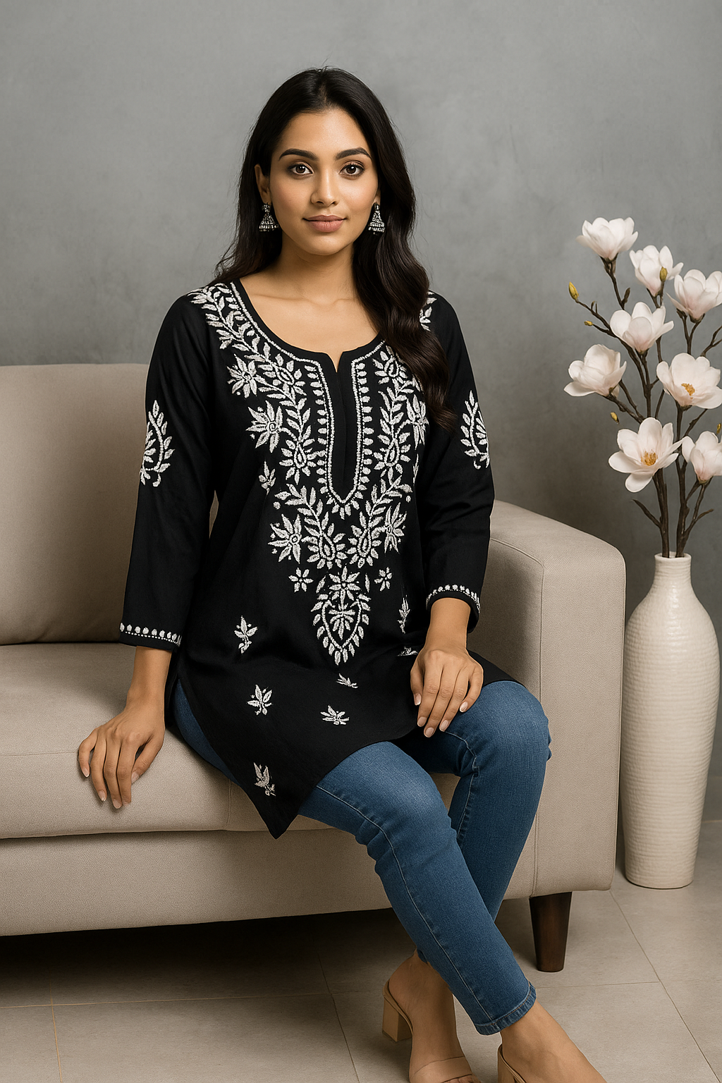 Lucknowi Chikankari Black 'Siah' Rayon Short Kurti-T000066