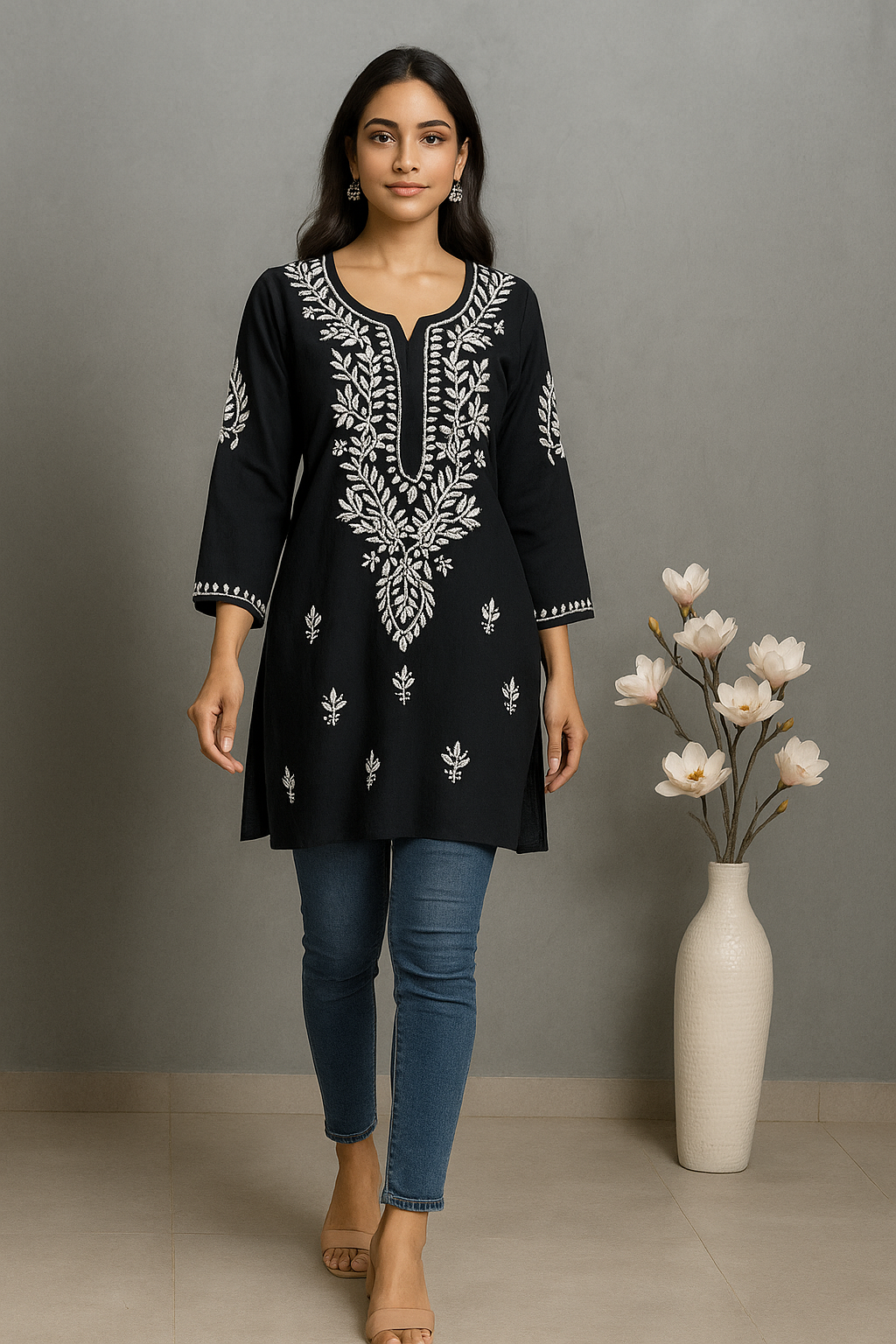 Lucknowi Chikankari Black 'Siah' Rayon Short Kurti-T000066