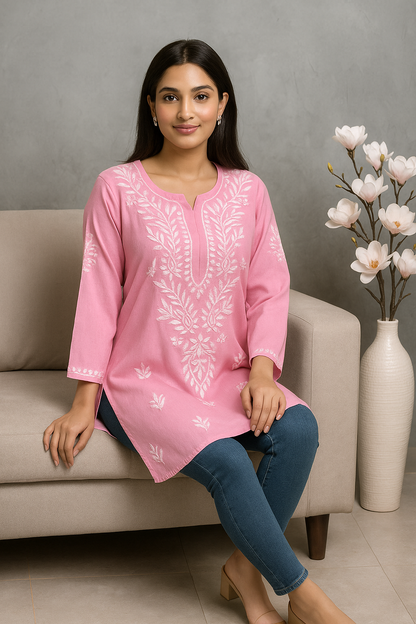 Lucknowi Chikankari Pink 'Shagufta' Rayon Short Kurti-T000067