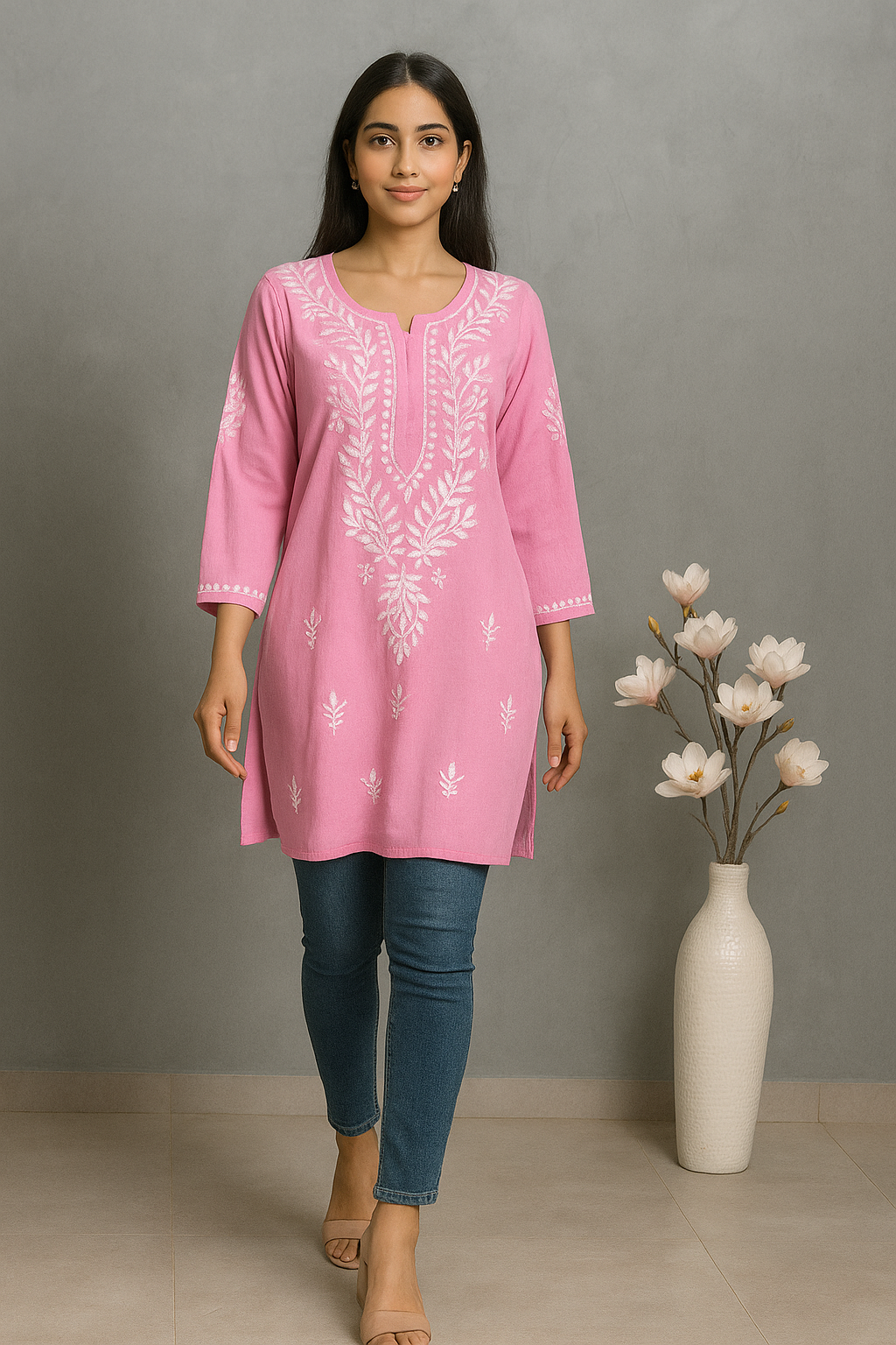 Lucknowi Chikankari Pink 'Shagufta' Rayon Short Kurti-T000067