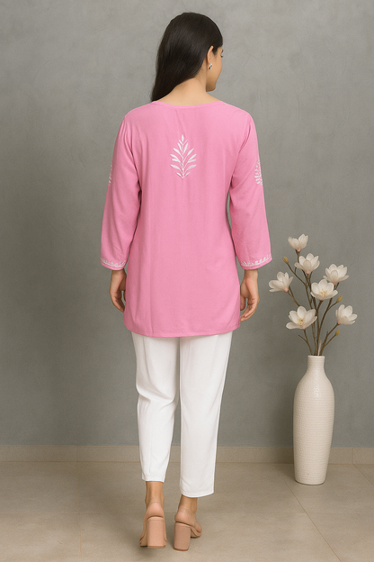Lucknowi Chikankari Pink 'Shagufta' Rayon Short Kurti-T000067