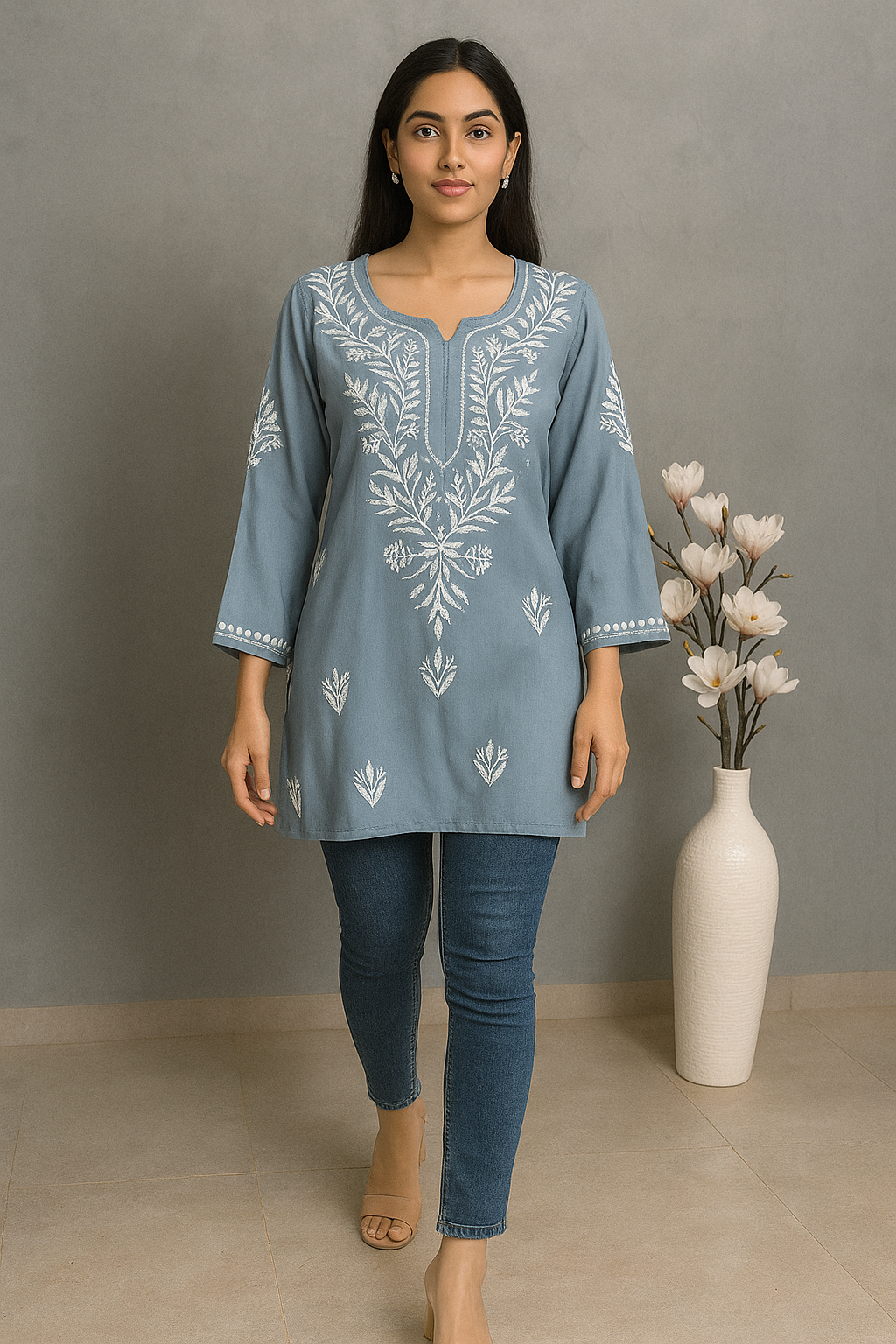 GreyLucknowi Chikankari Grey 'Dhoondhla' Rayon Short Kurti-T000068
