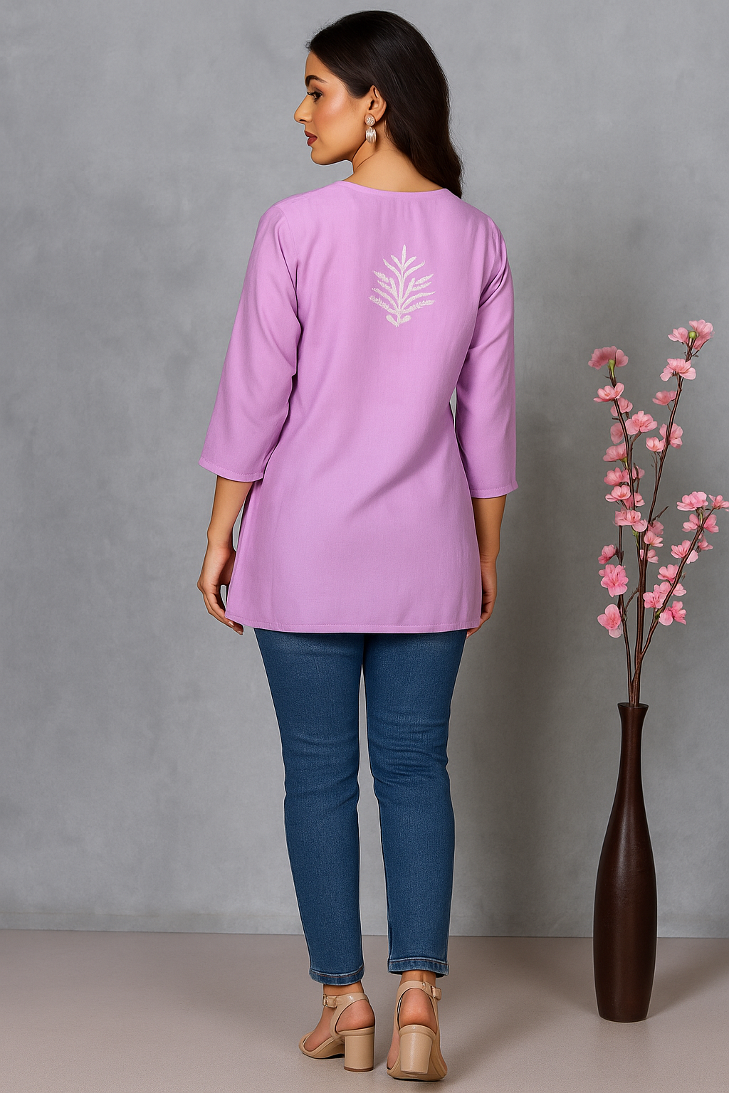 Lucknowi Chikankari Lavender 'Jamuni' Rayon Short Kurti-T000070