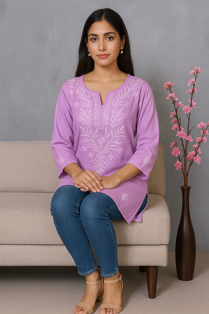 Lucknowi Chikankari Lavender 'Jamuni' Rayon Short Kurti-T000070