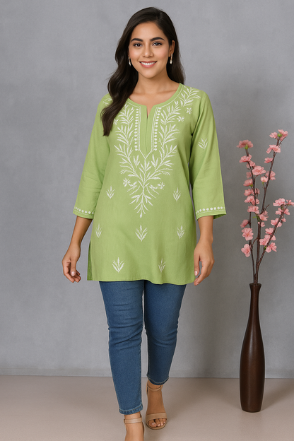 Lucknowi Chikankari Green 'Bahar' Rayon Short Kurti-T000071