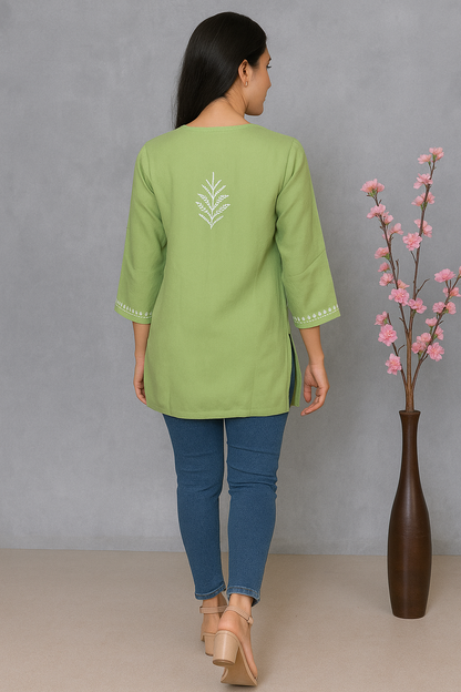 Lucknowi Chikankari Green 'Bahar' Rayon Short Kurti-T000071