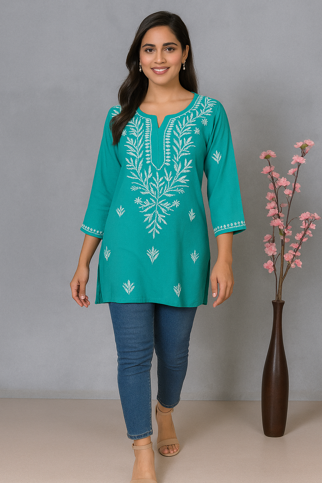 Lucknowi Chikankari Green 'Bahar' Rayon Short Kurti-T000072