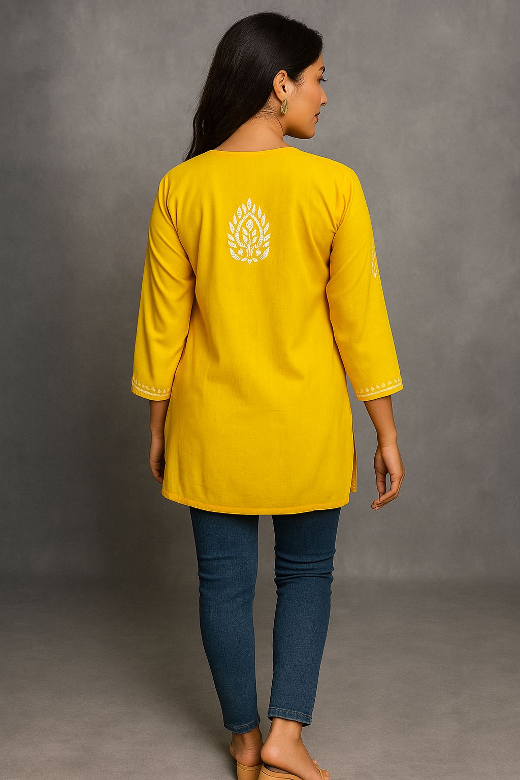 Lucknowi Chikankari Yellow 'Sunehri' Rayon Short Kurti-T000063