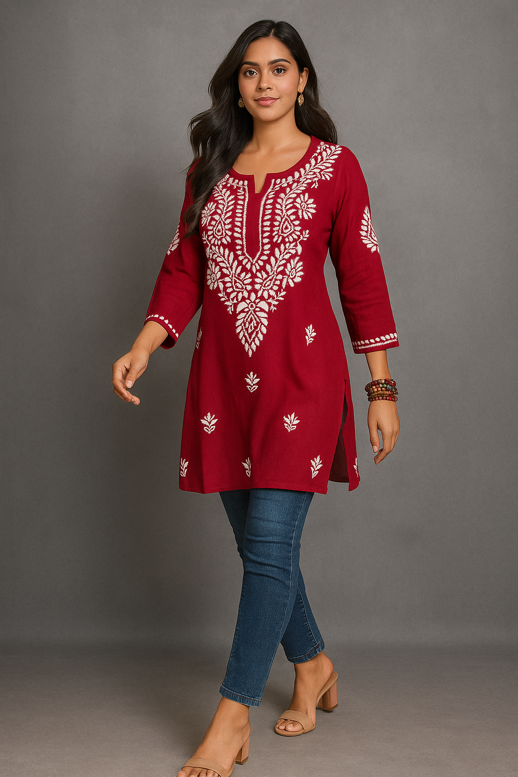 Lucknowi Chikankari Red 'Surkh' Rayon Short Kurti-T000064