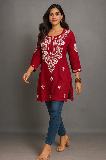 Lucknowi Chikankari Red 'Surkh' Rayon Short Kurti-T000064
