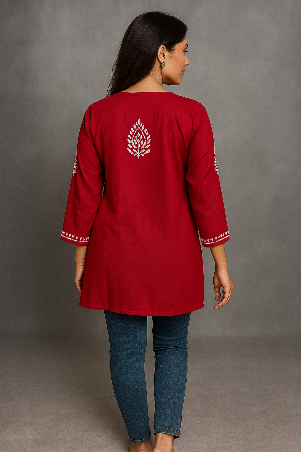 Lucknowi Chikankari Red 'Surkh' Rayon Short Kurti-T000064