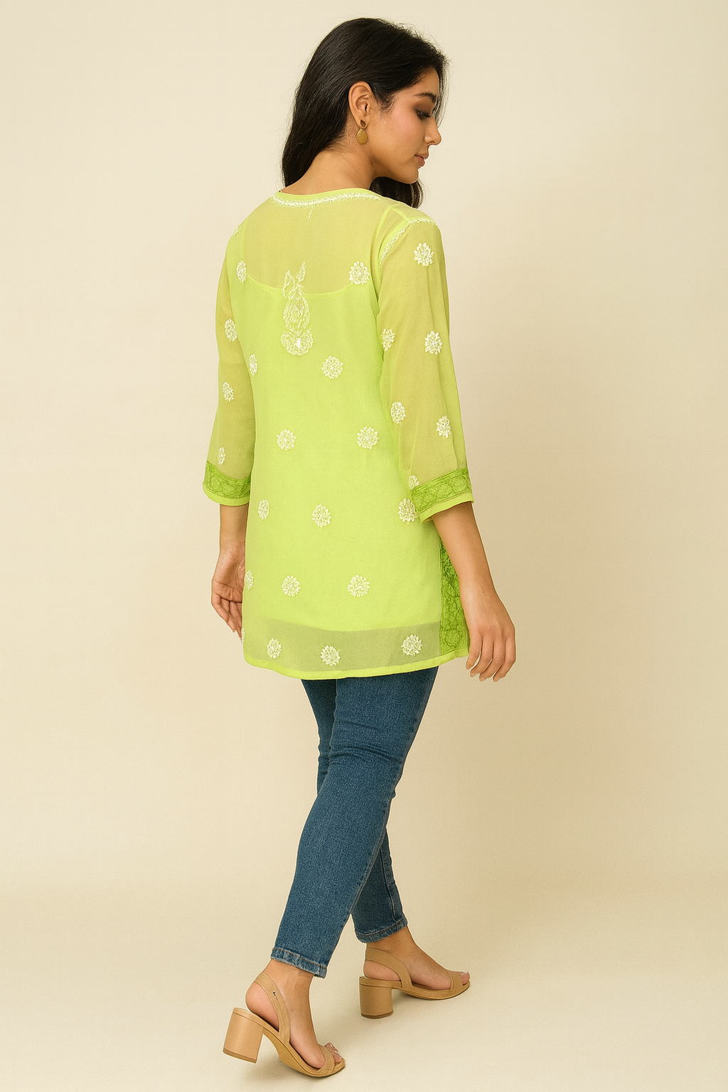Lucknowi Chikankari Green 'Bahar' Georgette Short Kurti-T20002