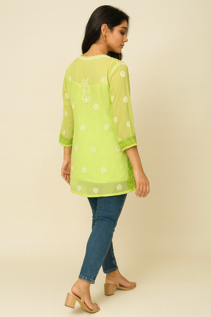 Lucknowi Chikankari Green 'Bahar' Georgette Short Kurti-T20002