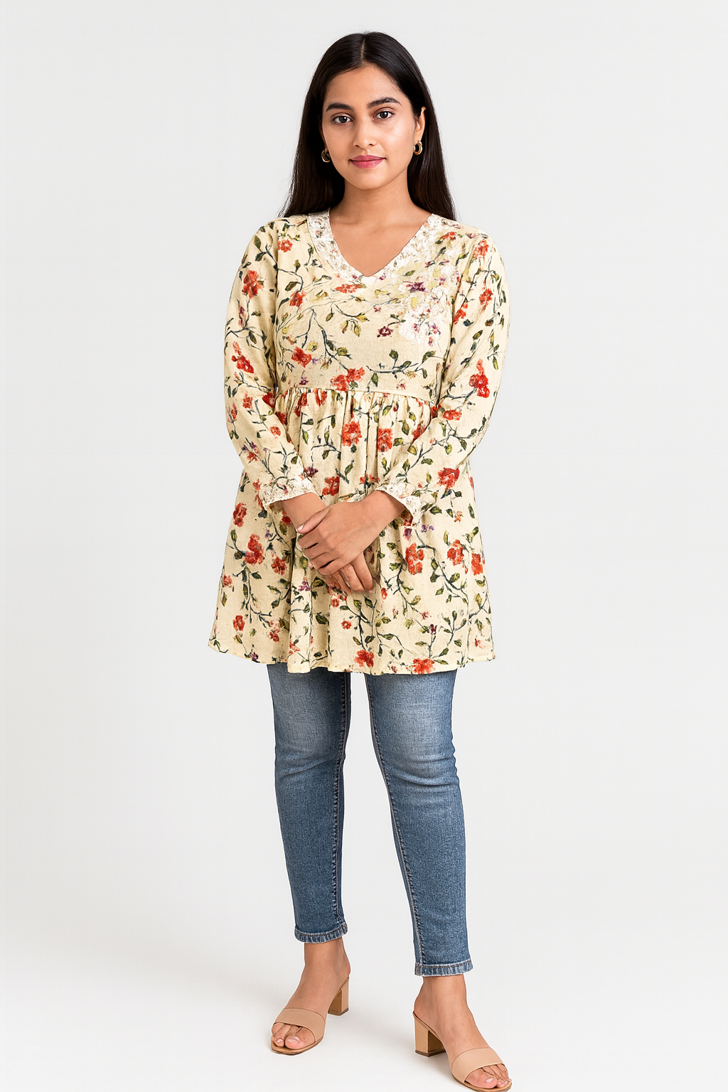 Lucknowi Chikankari Fawn 'Karimi' Printed Cotton Angrakha Styled Short Kurti-T30002