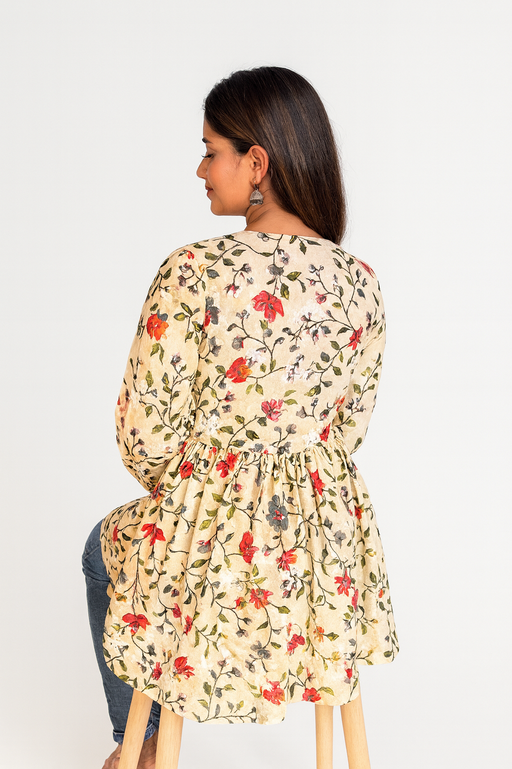 Lucknowi Chikankari Fawn 'Karimi' Printed Cotton Angrakha Styled Short Kurti-T30002