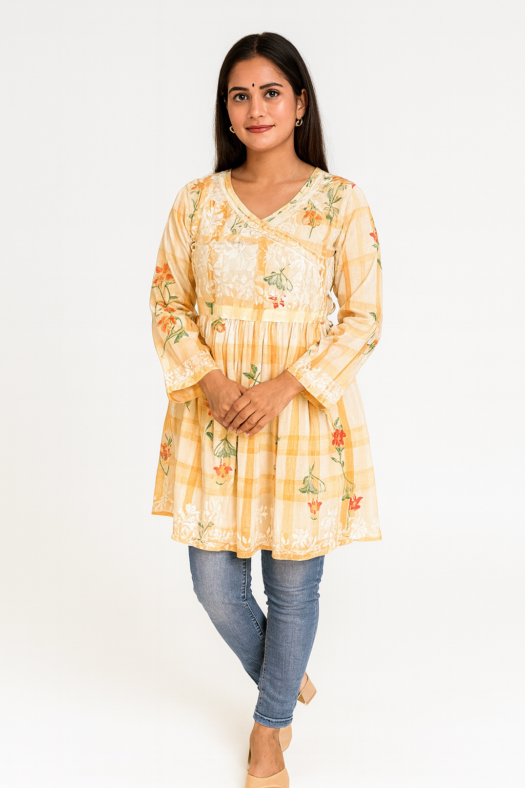 Lucknowi Chikankari Orange 'Narangi' Printed Cotton Angrakha Styled Short Kurti-T30003