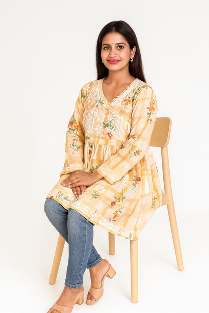 Lucknowi Chikankari Orange 'Narangi' Printed Cotton Angrakha Styled Short Kurti-T30003