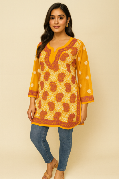 Lucknowi Chikankari Yellow 'Sunehri' Georgette Short Kurti-T30005