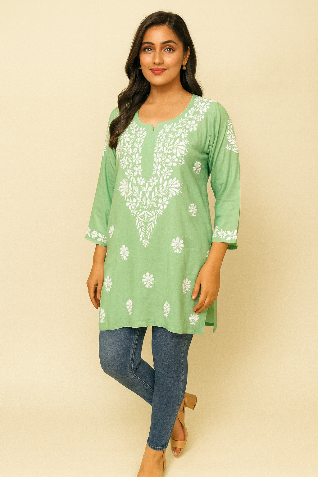 Lucknowi Chikankari Green 'Bahar' Modal Short Kurti-T30006