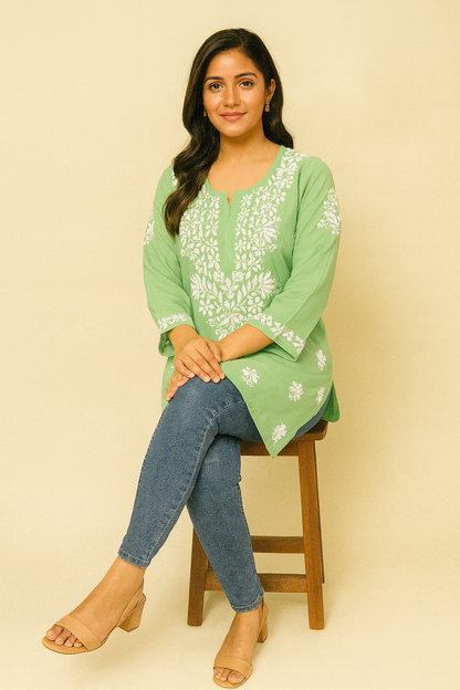 Lucknowi Chikankari Green 'Bahar' Modal Short Kurti-T30006