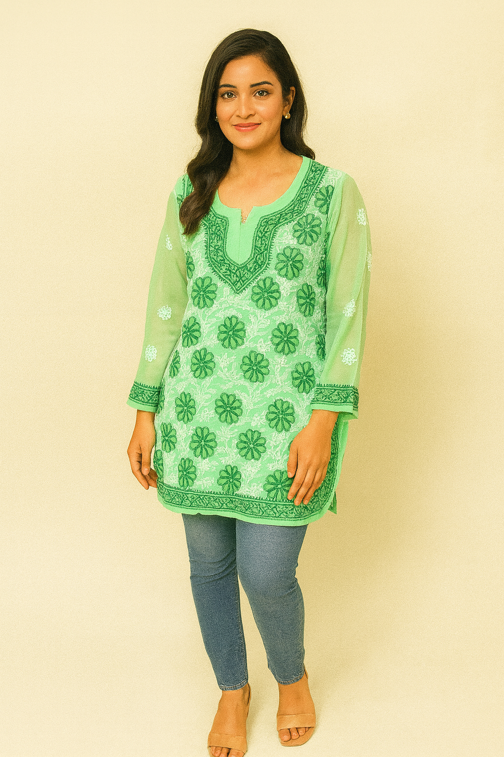 Lucknowi Chikankari Green 'Bahar' Georgette Short Kurti-T30007