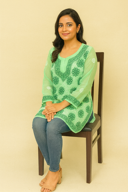 Lucknowi Chikankari Green 'Bahar' Georgette Short Kurti-T30007