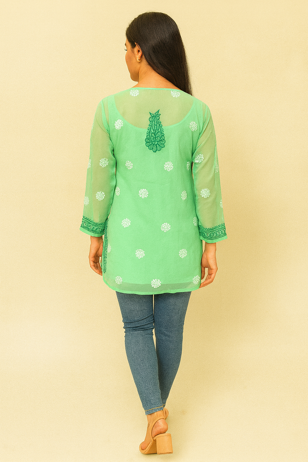 Lucknowi Chikankari Green 'Bahar' Georgette Short Kurti-T30007