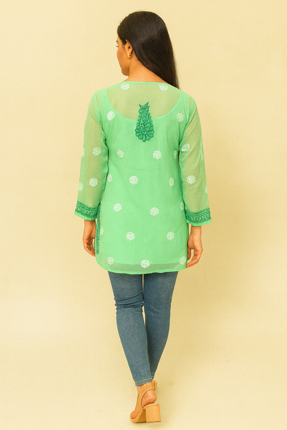 Lucknowi Chikankari Green 'Bahar' Georgette Short Kurti-T30007