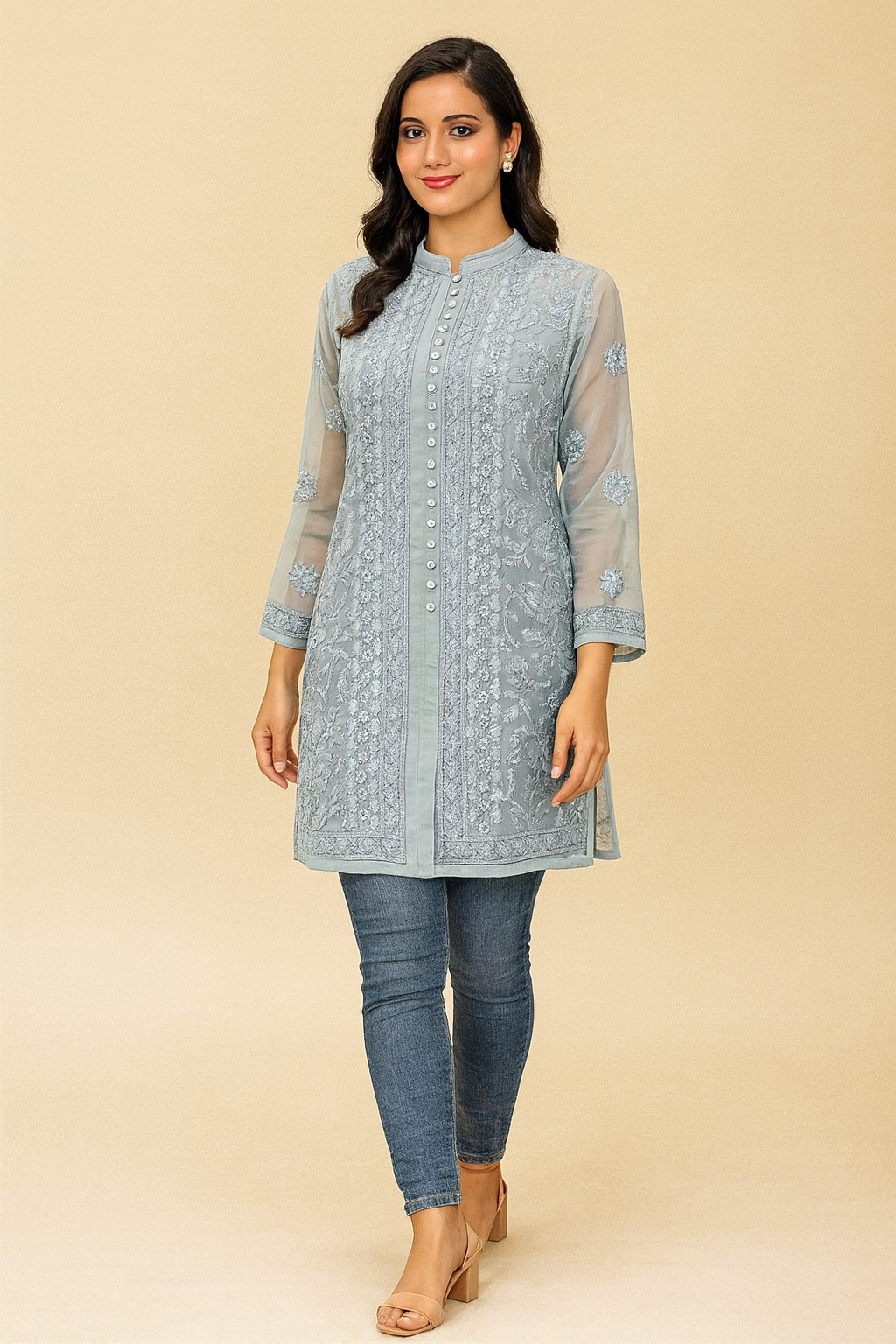 Lucknowi Chikankari Grey Georgette Short Kurti-T30008