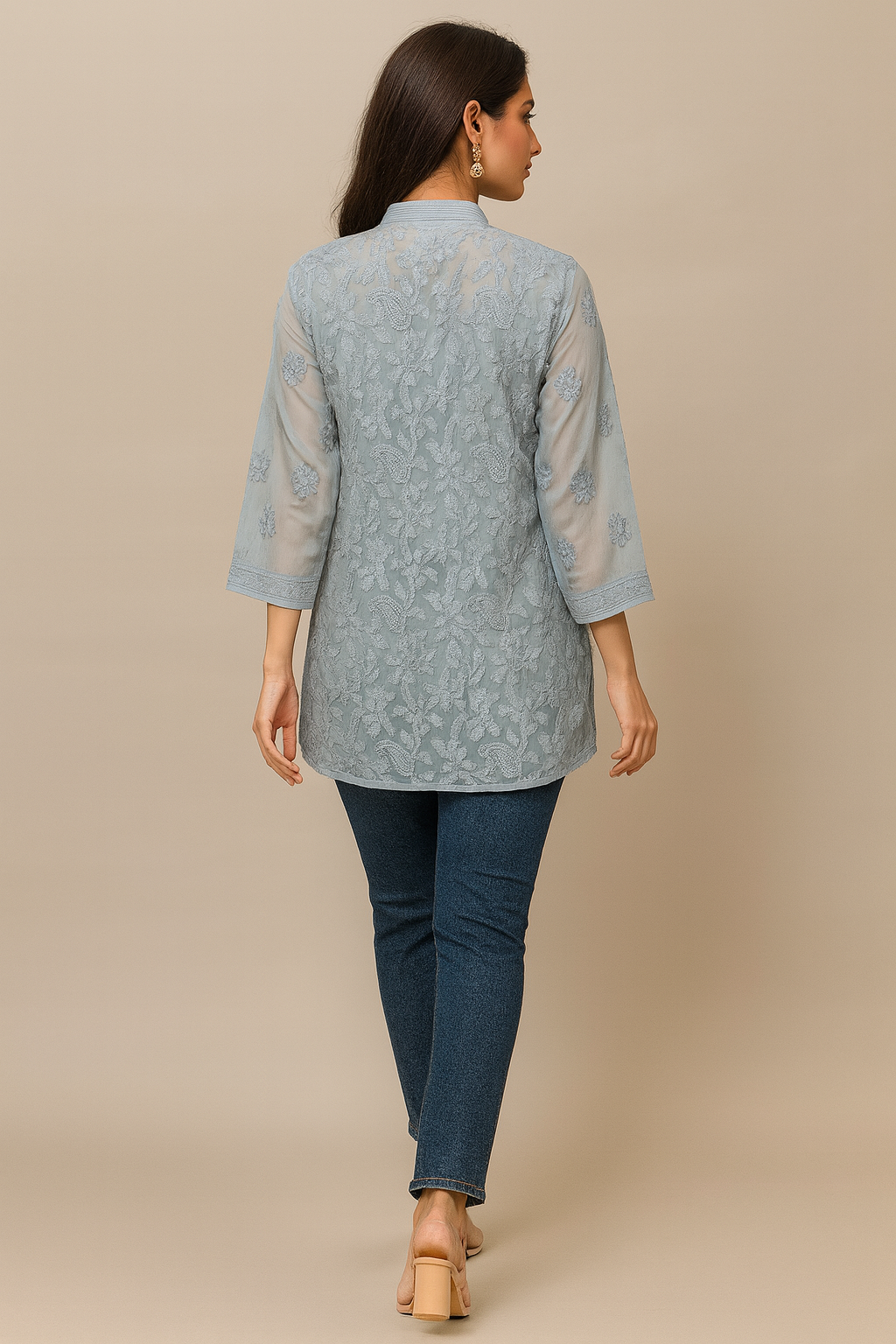 Lucknowi Chikankari Grey Georgette Short Kurti-T30008